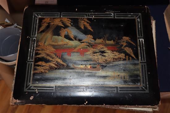 A 1920s Japanese lacquered postcard album with continental topographical cards, thirty one Victorian